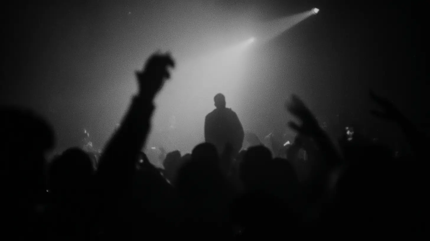 A silhouetted crowd with hands raised toward a single stage spotlight